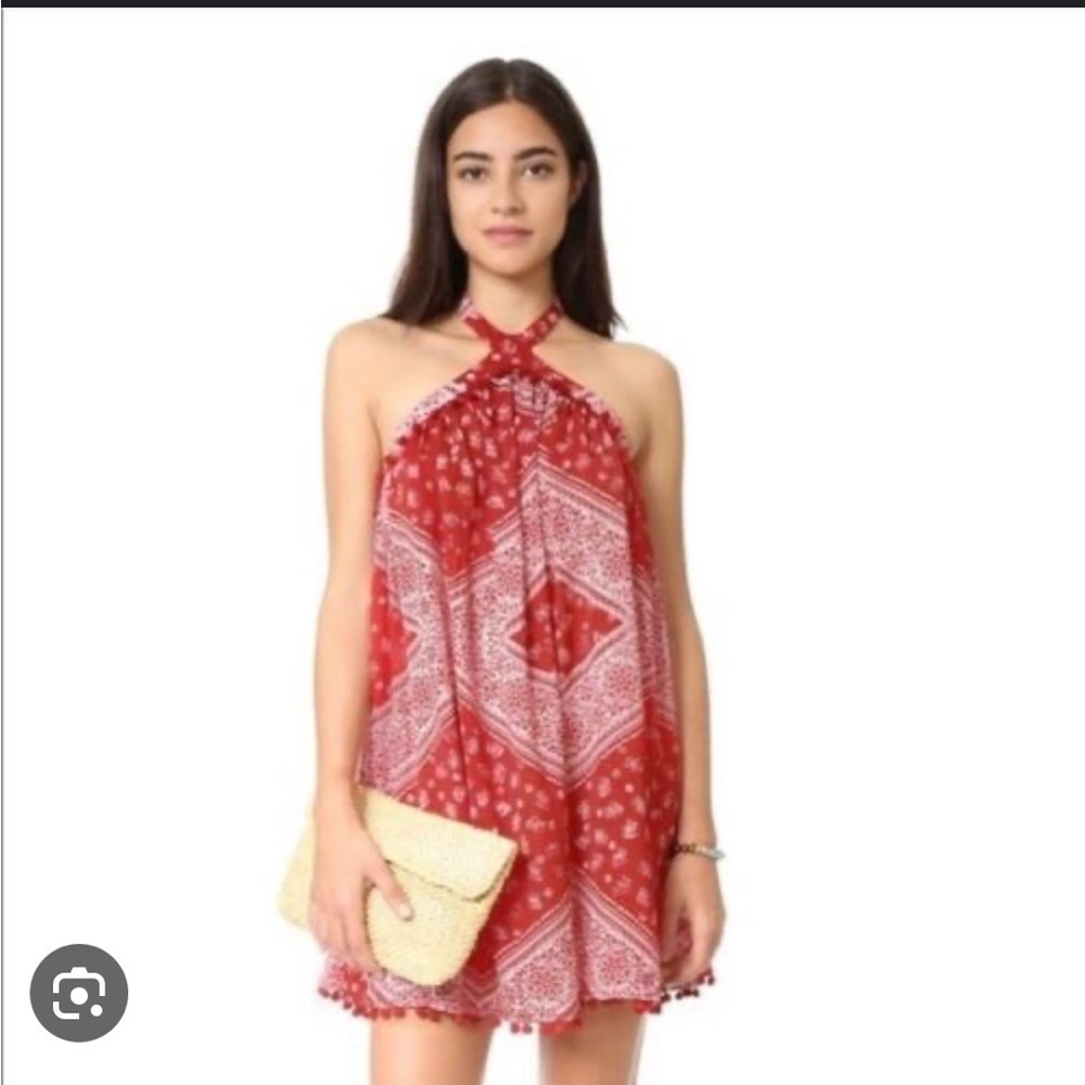 TULAROSA HOLDEN RED BANDANA PRINT HALTER NECK DRESS